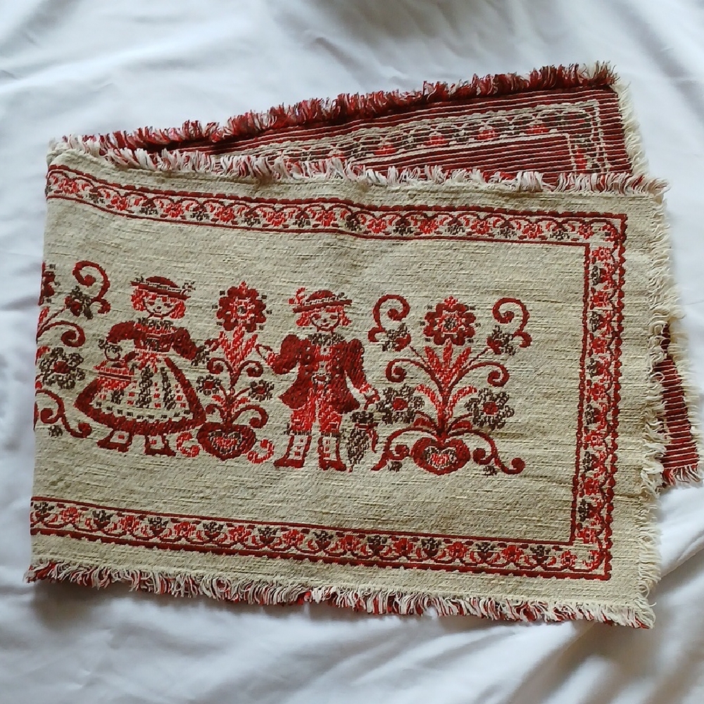 Table Runner Red and Cream Tapestry with Folk Art Design-Made in Austria